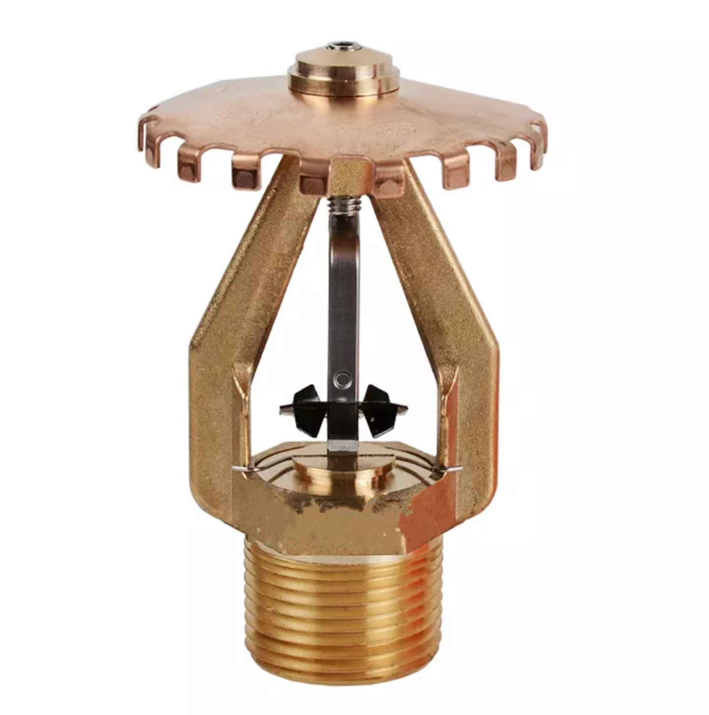 Brass fire sprinkler with a copper - plated, serrated top deflector for fire suppression systems