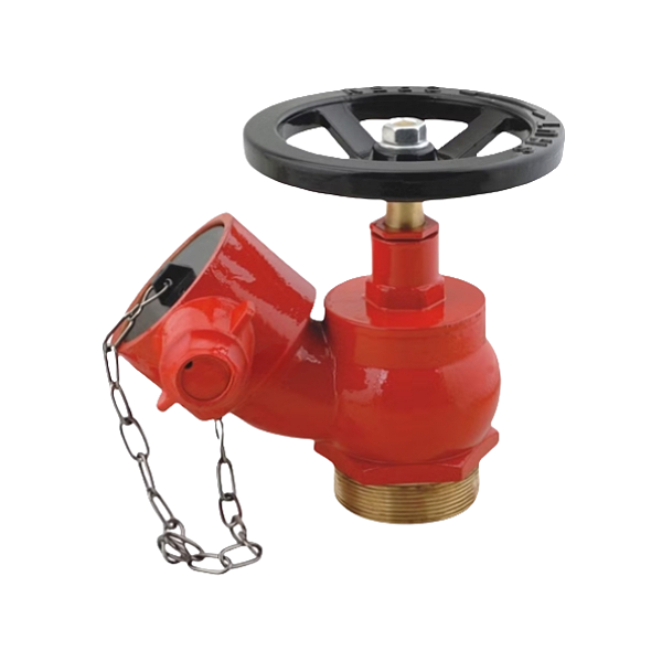 fire hydrant featuring black handwheel, brass stem, and chained port
