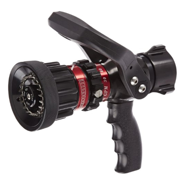 This fire nozzle, equipped with a convenient grip and adjustable settings, offers reliable performance in delivering water for fire extinguishing.