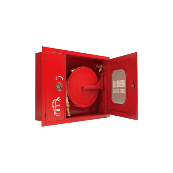 Horizontal Two Compartment Fire Cabinet – dual compartment, stores fire hose reel and extinguisher for quick emergency access.