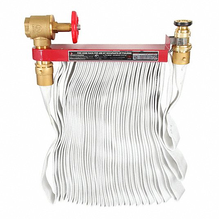 1-1/2″ Class II Fire Hose Station – ISO components, includes NH-coupled hose & adjustable fog nozzle, mounted in fire cabinets.